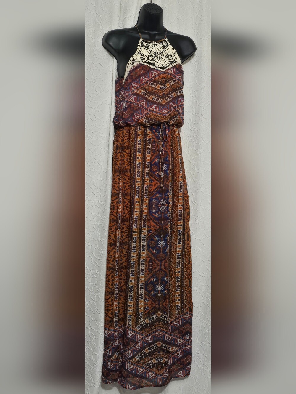 Vintage Y2K City Triangles Print Maxi Dress w/ Crochet Accent Boho Beach Sz S